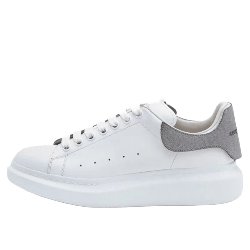 Alexander McQueen White Leather Lace-Up Sneakers, Grey Heel