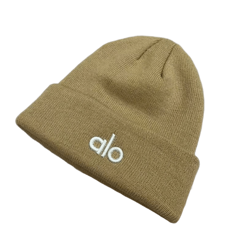 ALO Khaki Wool Blend Beanie: Unisex Winter Hat with Embroidery