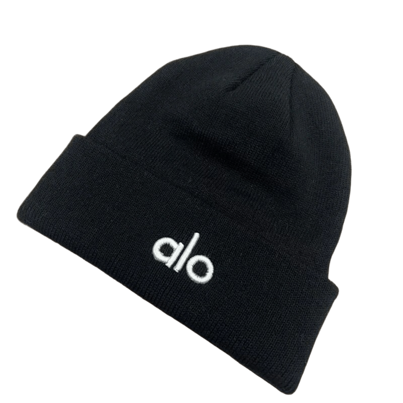 ALO Unisex Black Beanie: Winter Warmth, Embroidered Logo