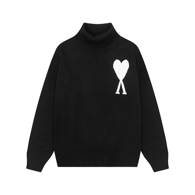 Amiclams Black Thermal Sweater: High-Neck, Heart Motif, Unisex