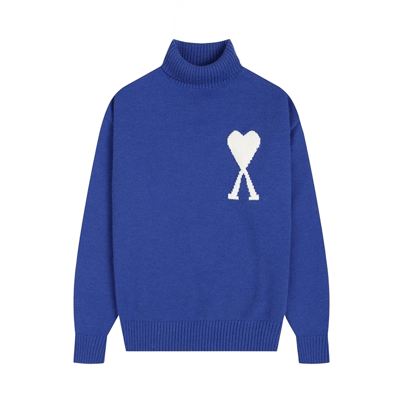 Amiclams Blue Turtleneck Sweater: Unisex, Warm, Heart Motif