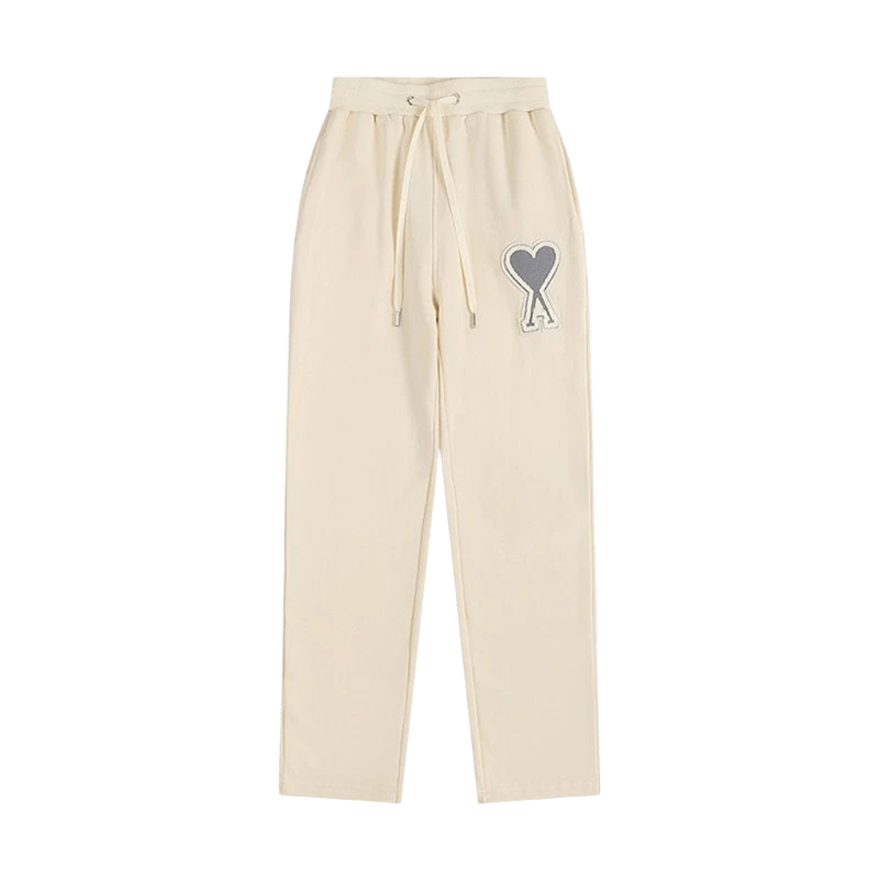 Amiclams Cream Fleece Pants: Cozy Cotton Joggers with Heart Graphic