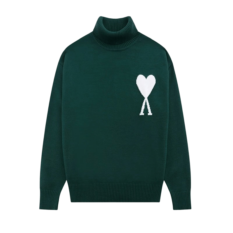 Amiclams Deep Green Wool Turtleneck Sweater with Heart Design