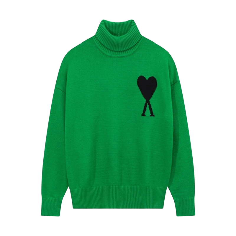 Amiclams Green Wool Blend High-Neck Sweater, Heart Design