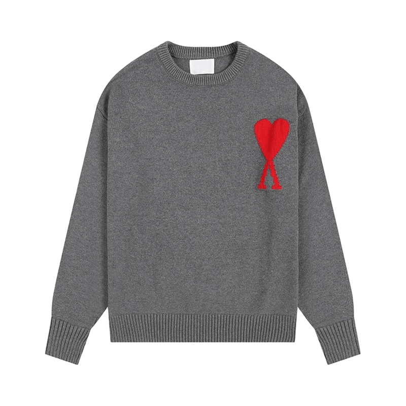 Amiclams Grey Sweater: Cozy Unisex Knit with Red Heart
