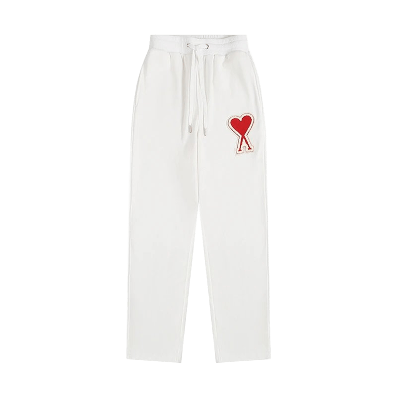 Amiclams Love White Cotton Pants: Embroidered Heart, Unisex