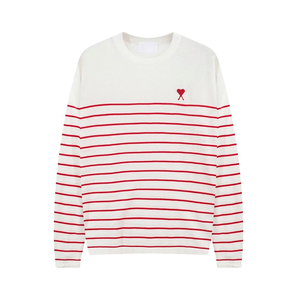 Amiclams Red White Stripe Sweater - Embroidered Heart, Unisex Winter Knit