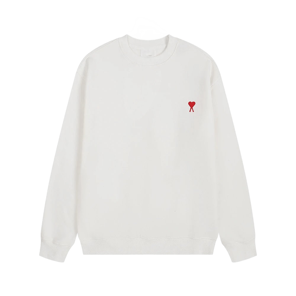 Amiclams White Hoodie: Red Heart Emblem, Soft Cotton Unisex