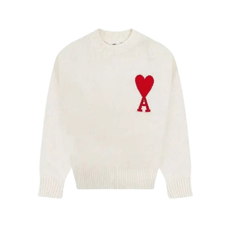 Amiclams White Knit Sweater: Unisex, Embroidered A-Heart, Cozy