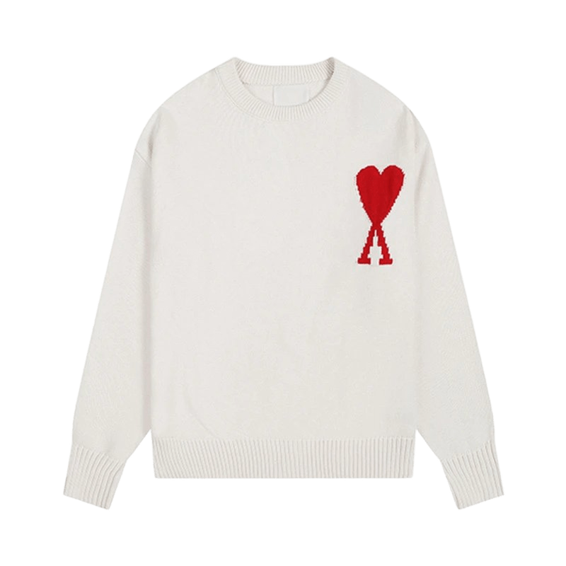 Amiclams White Wool Sweater: Red Heart & Logo, Unisex