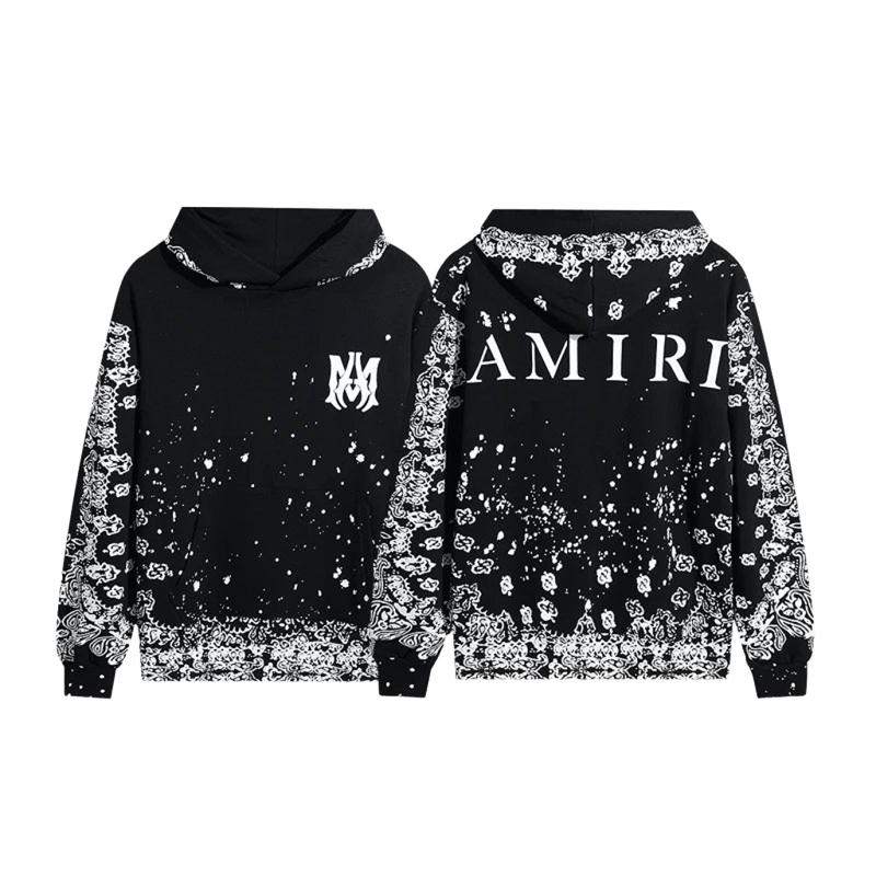 Amiri Black Cotton Hoodie: Logo, Splatter & Paisley Streetwear