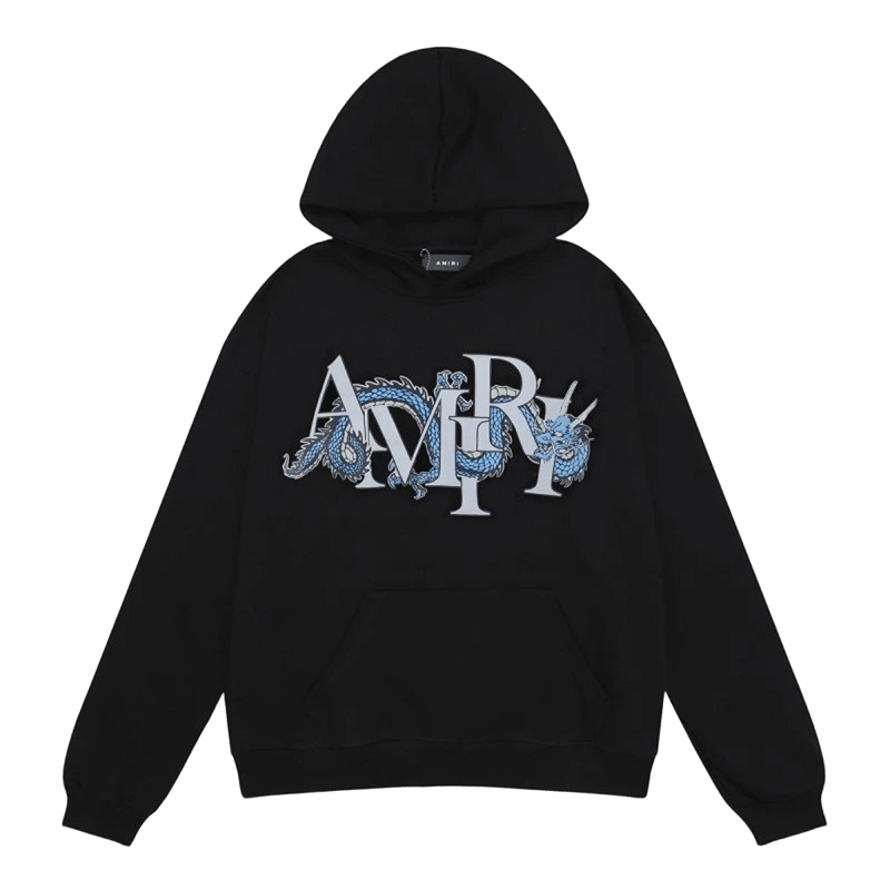Amiri Black Hoodie Blue Dragon Cotton Unisex Streetwear