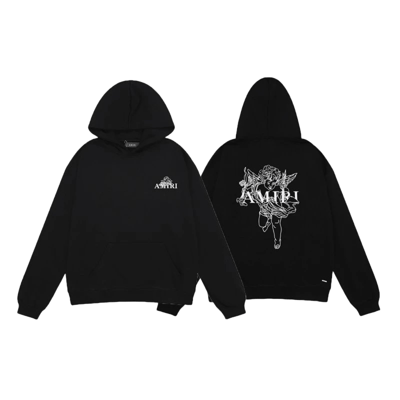 Amiri Black Hoodie: Cotton, Angel Print, Unisex Streetwear