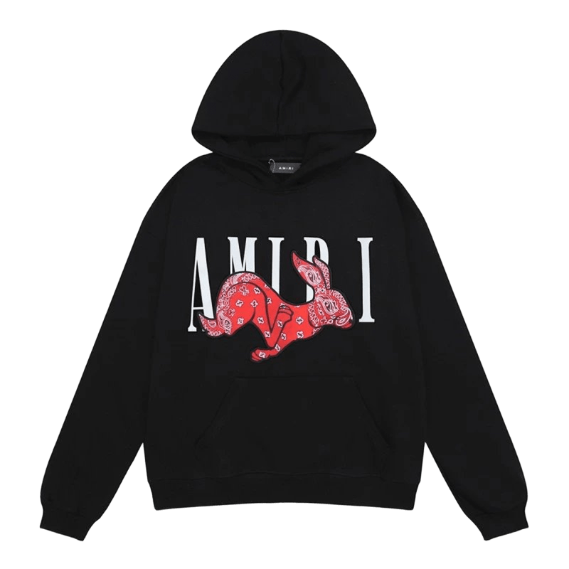 Amiri Black Hoodie: Red/White Rabbit Graphic, Unisex