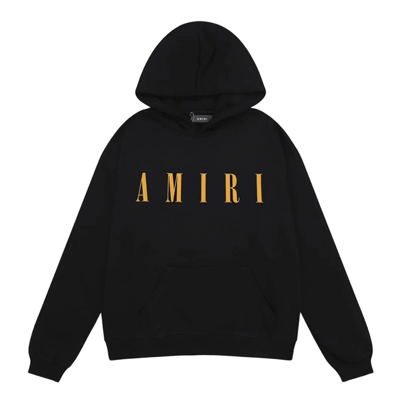 Amiri Black Hoodie: Soft Cotton, Gold Logo, Unisex Streetwear