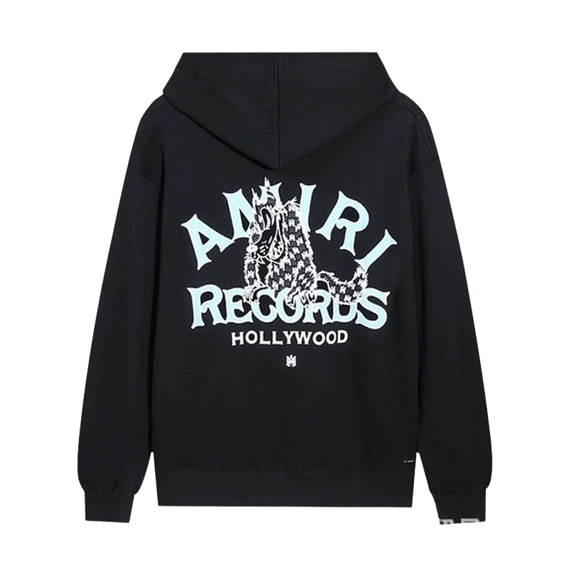 Amiri Records Hoodie: Black Cotton Wolf Logo Streetwear
