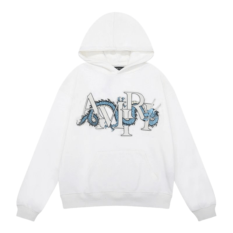 Amiri White Hoodie: Blue Dragon Logo, Unisex Streetwear