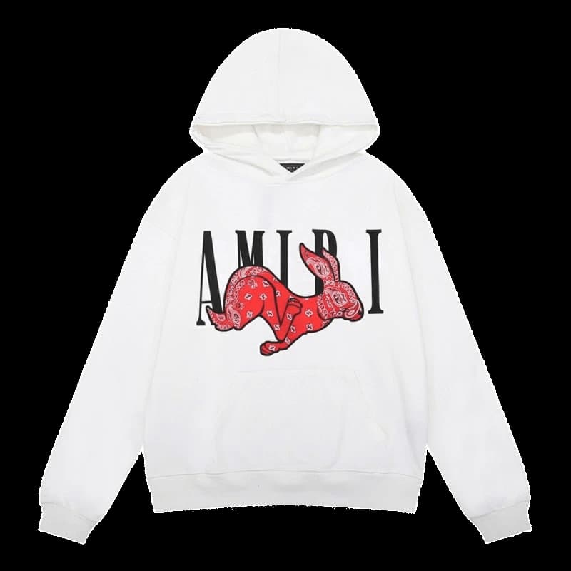 Amiri White Hoodie: Cotton Unisex Streetwear with Rabbit Graphic