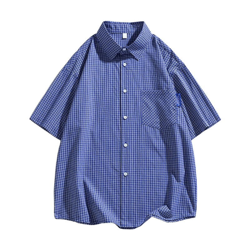 AOBINKA Classic Blue Plaid Shirt: Cotton, Unisex, Short Sleeve