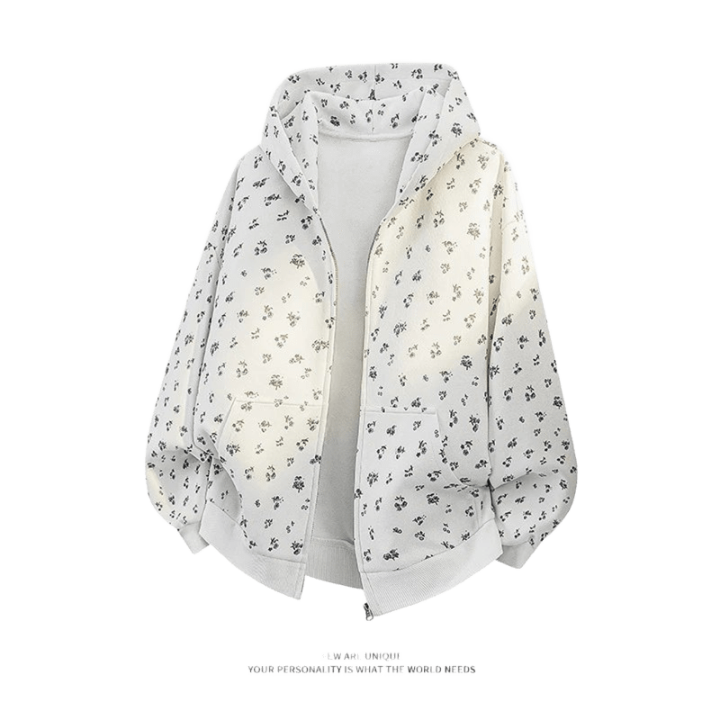 AOBINKA Floral Print White Hooded Jacket - Warm Unisex Coat
