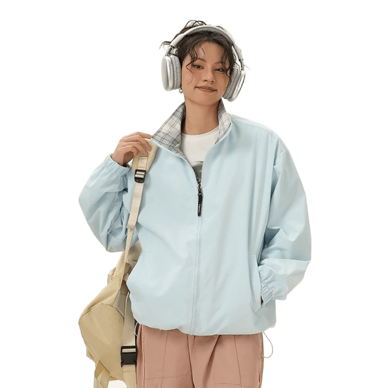 AOBINKA Women's Light Blue Windproof Jacket, Plaid Lined