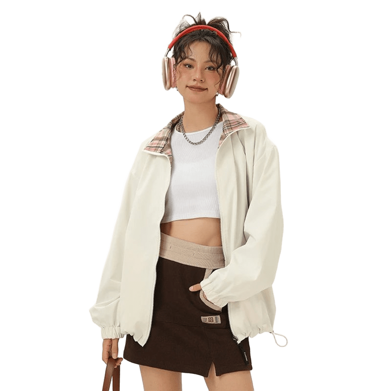 AOBINKA Women's Windproof White Jacket, Plaid Collar