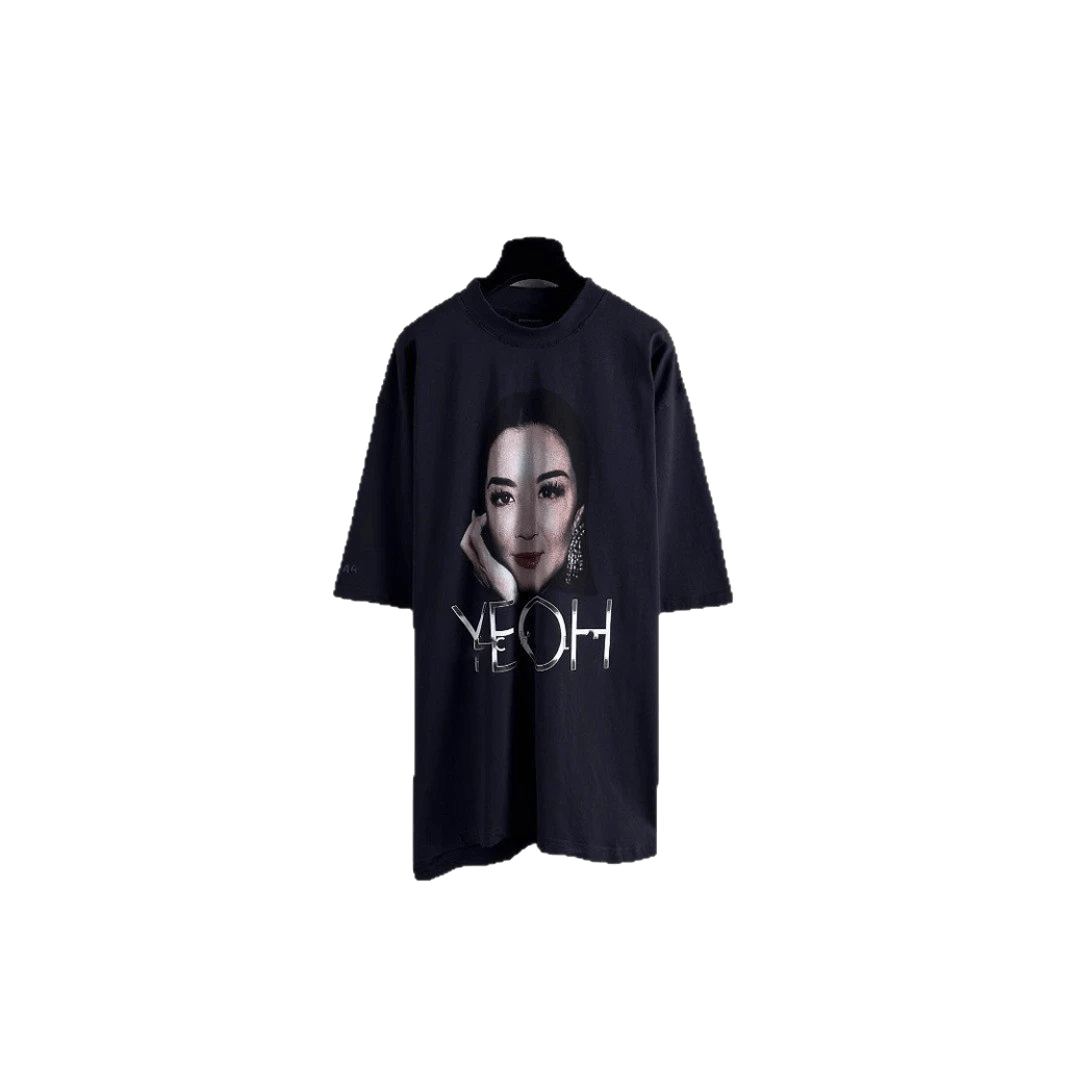 Balenciaga Black Cotton Portrait Print Unisex Street T-shirt