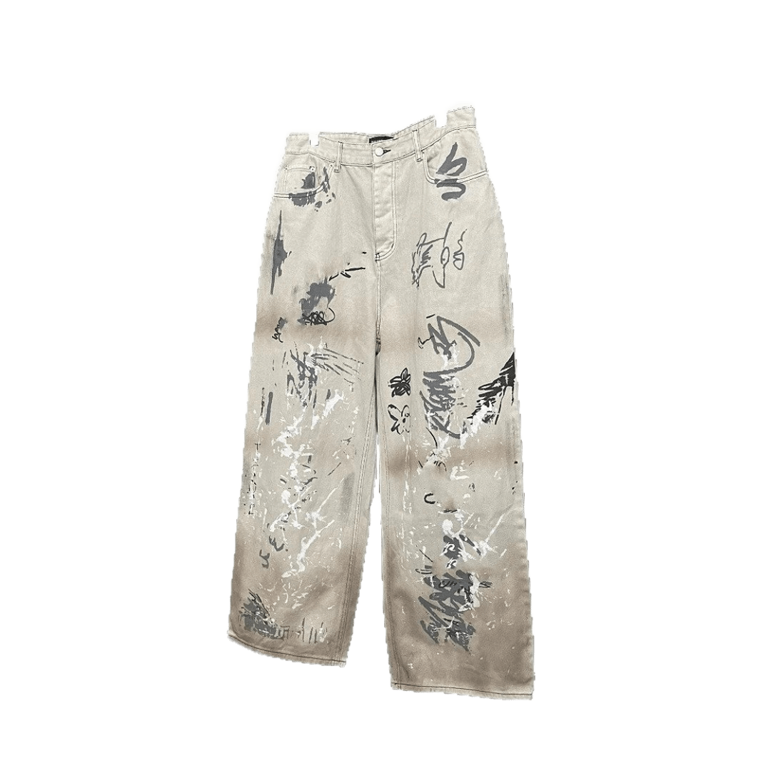 Balenciaga Light Beige Graffiti Jeans: Unisex Streetwear