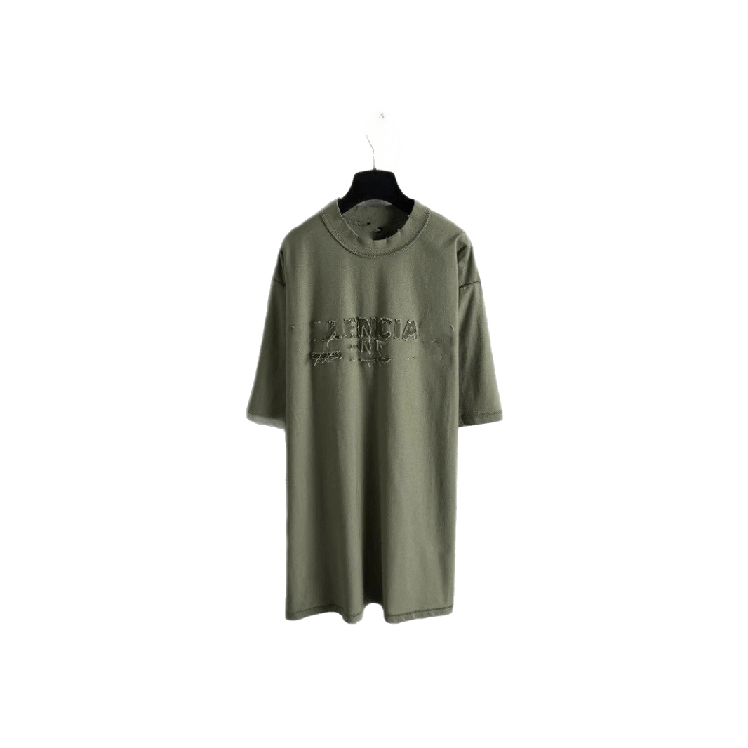 Balenciaga Military Green Cotton Embroidered Logo Unisex T-Shirt