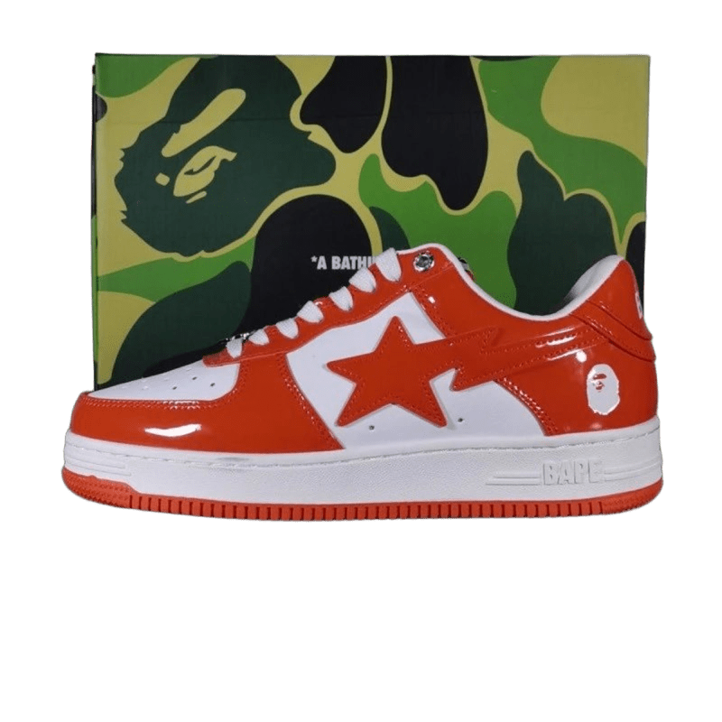 Bape 90s Orange White Patent Leather Sneakers, Unisex