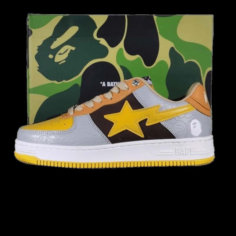 Bape 90s Street Sneakers: Gray/Yellow/Brown Leather Unisex