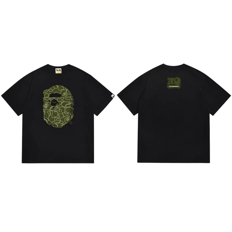 Bape Black Cotton Tee: Ape Head Camo & Logo Streetwear