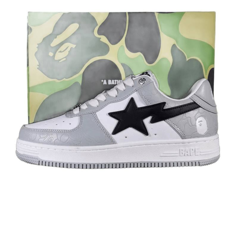Bape Gray & White Leather Sneakers: Unisex Streetwear