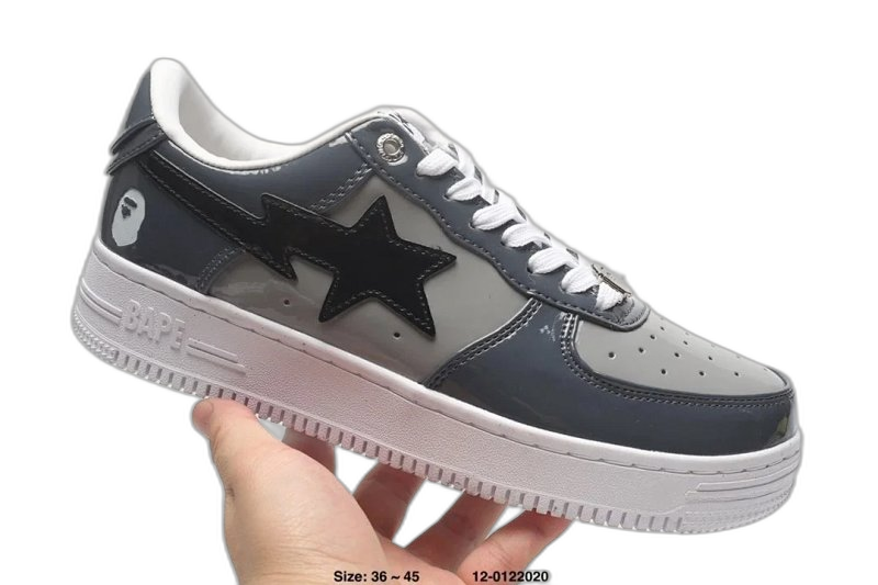 BAPE Grey Black Leather Sneakers: Iconic Star & Ape Head Logo