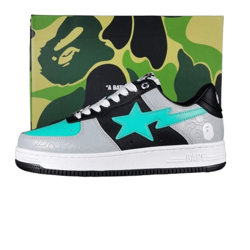 Bape Grey Green Leather Sneakers, Unisex 90s Streetwear
