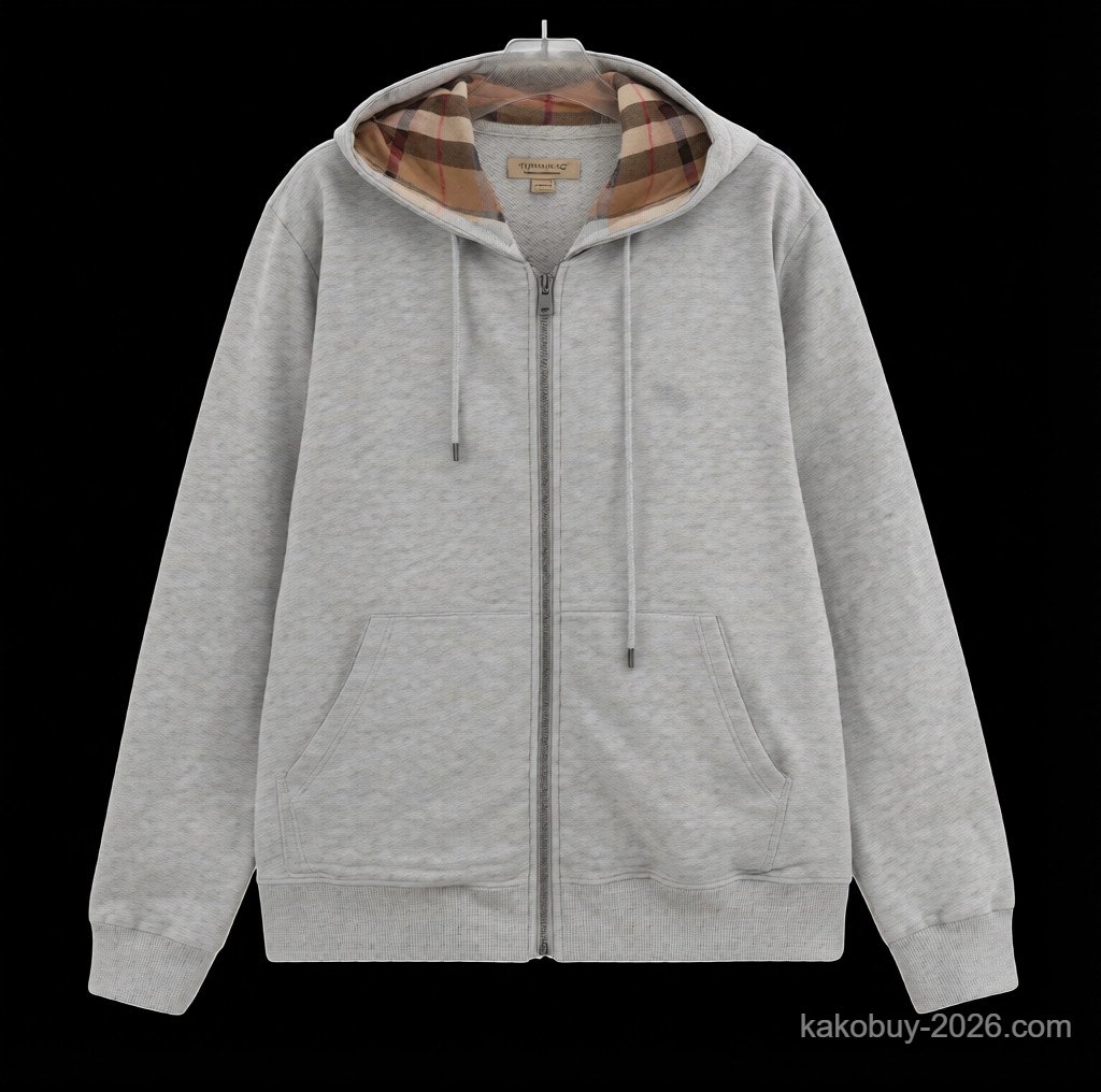 Burberry Check Lined Full-Zip Hoodie-Heather Grey