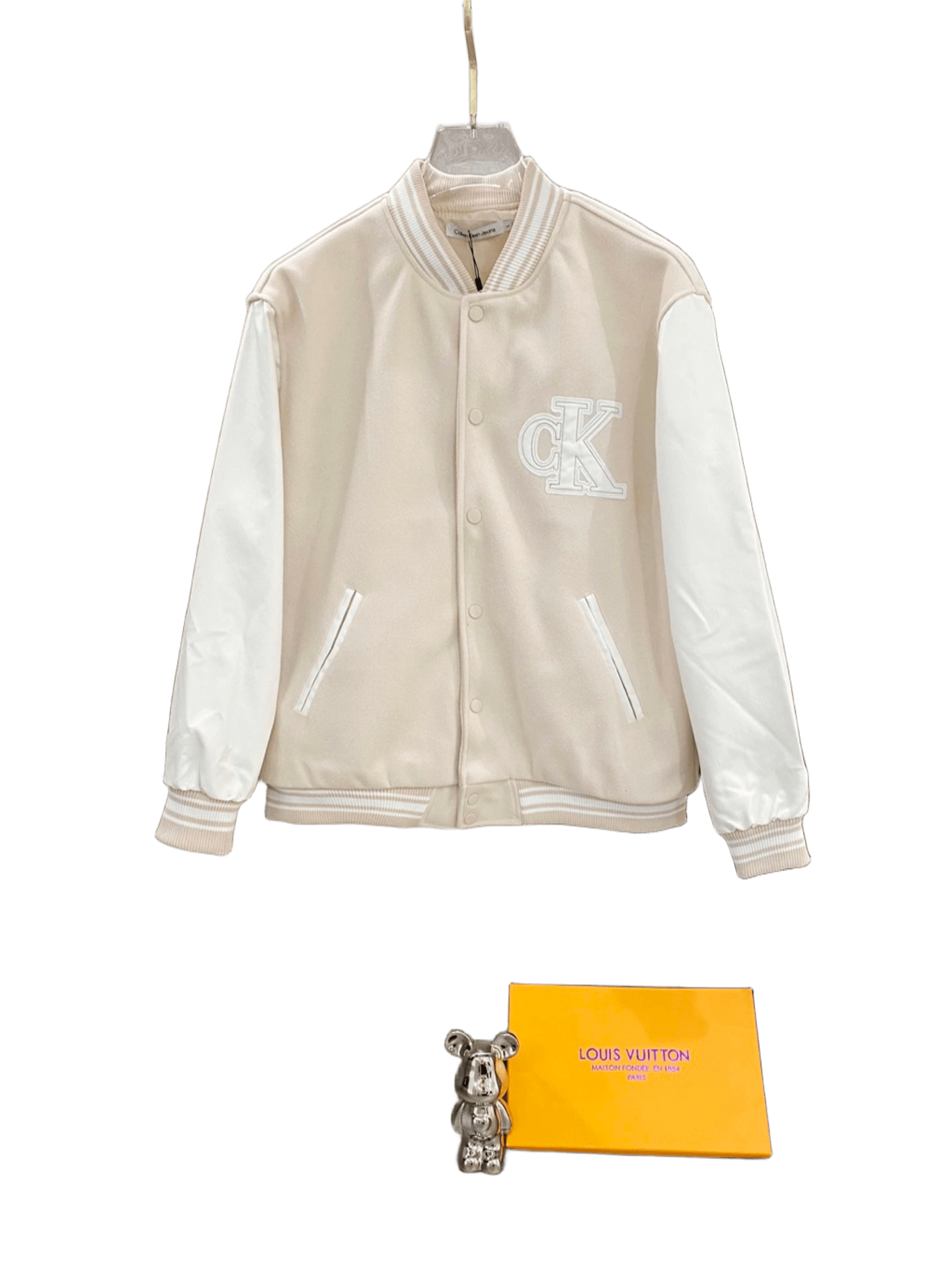 Calvin Klein Beige Baseball Jacket with Leather Sleeves