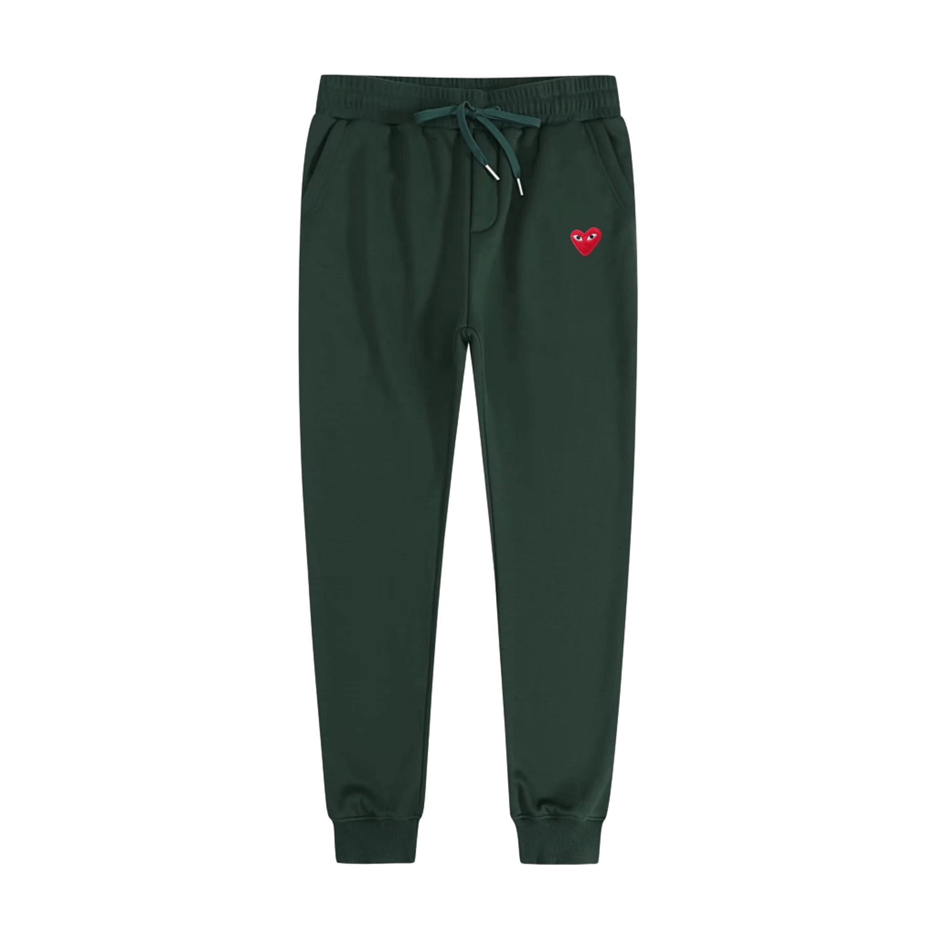 CDG PLAY Green Drawstring Pants with Red Heart Patch