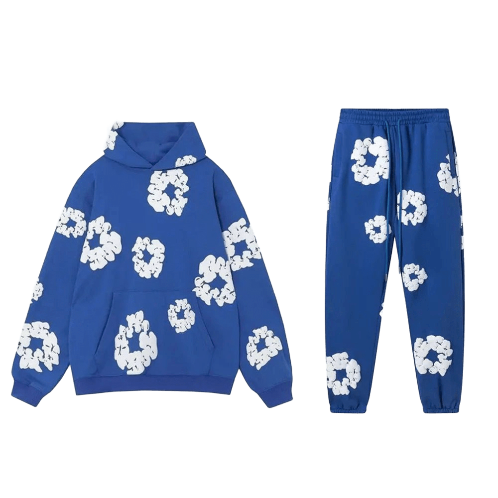 Denim Tears Floral Hoodie Set: Blue Cotton Unisex Streetwear