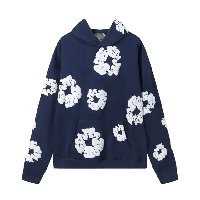 DenimTears Floral Hoodie: Retro Navy Cotton Streetwear