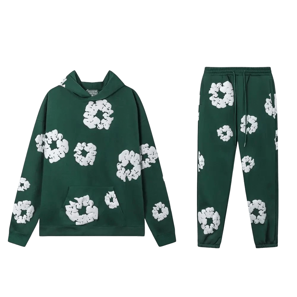DenimTears Floral Hoodie Set: Deep Green 3D Blooms