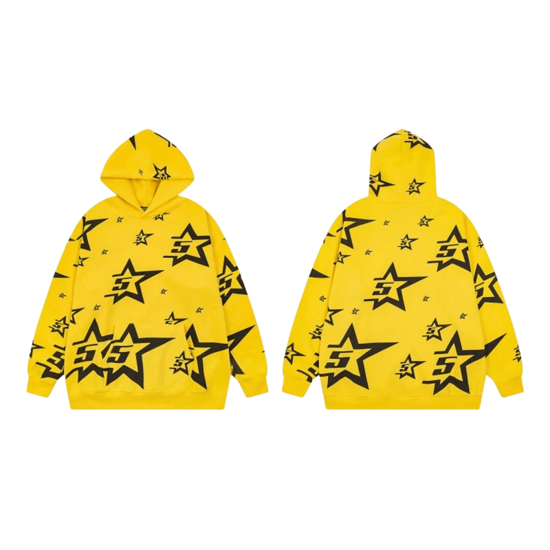 DenimTears Retro Yellow Hoodie: Black Stars Cotton Fleece Unisex