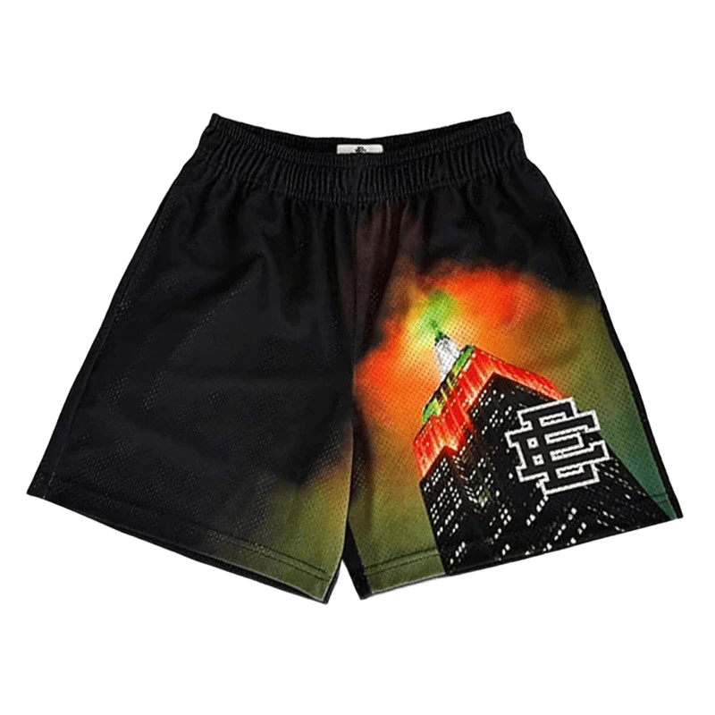 EE Black Mesh Quick-Dry Shorts: Unisex Streetwear with Architectural Print