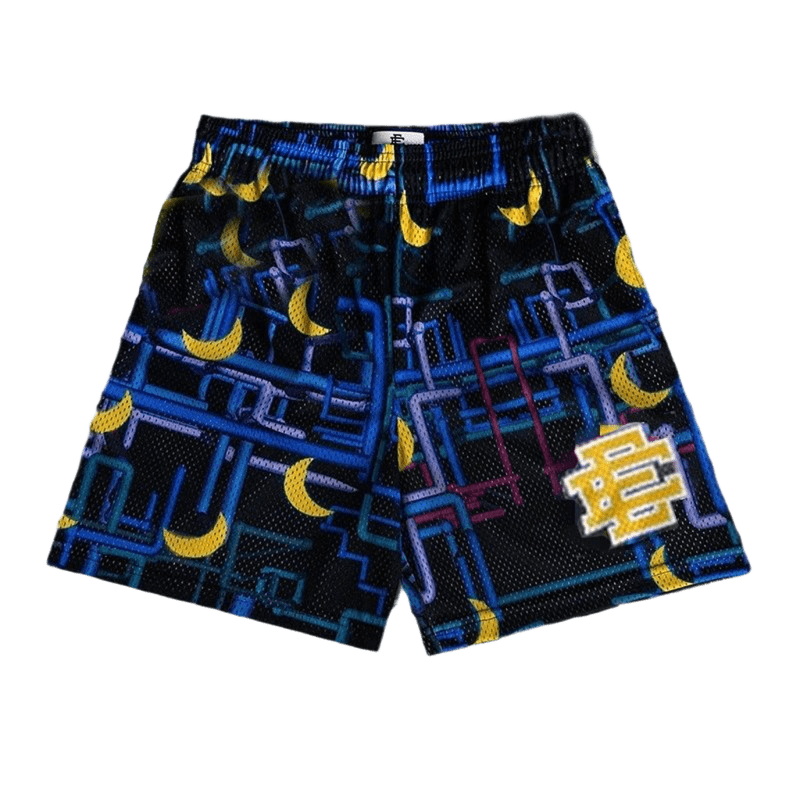 EE Black Mesh Shorts: Streetwear, Unisex, Moon & Line Print
