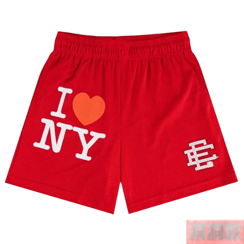 EE Red Mesh Shorts: I ❤ NY Print, Soft & Breathable Unisex Casual