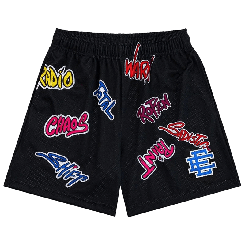 EE Unisex Black Graffiti Mesh Shorts, Breathable Hip-Hop