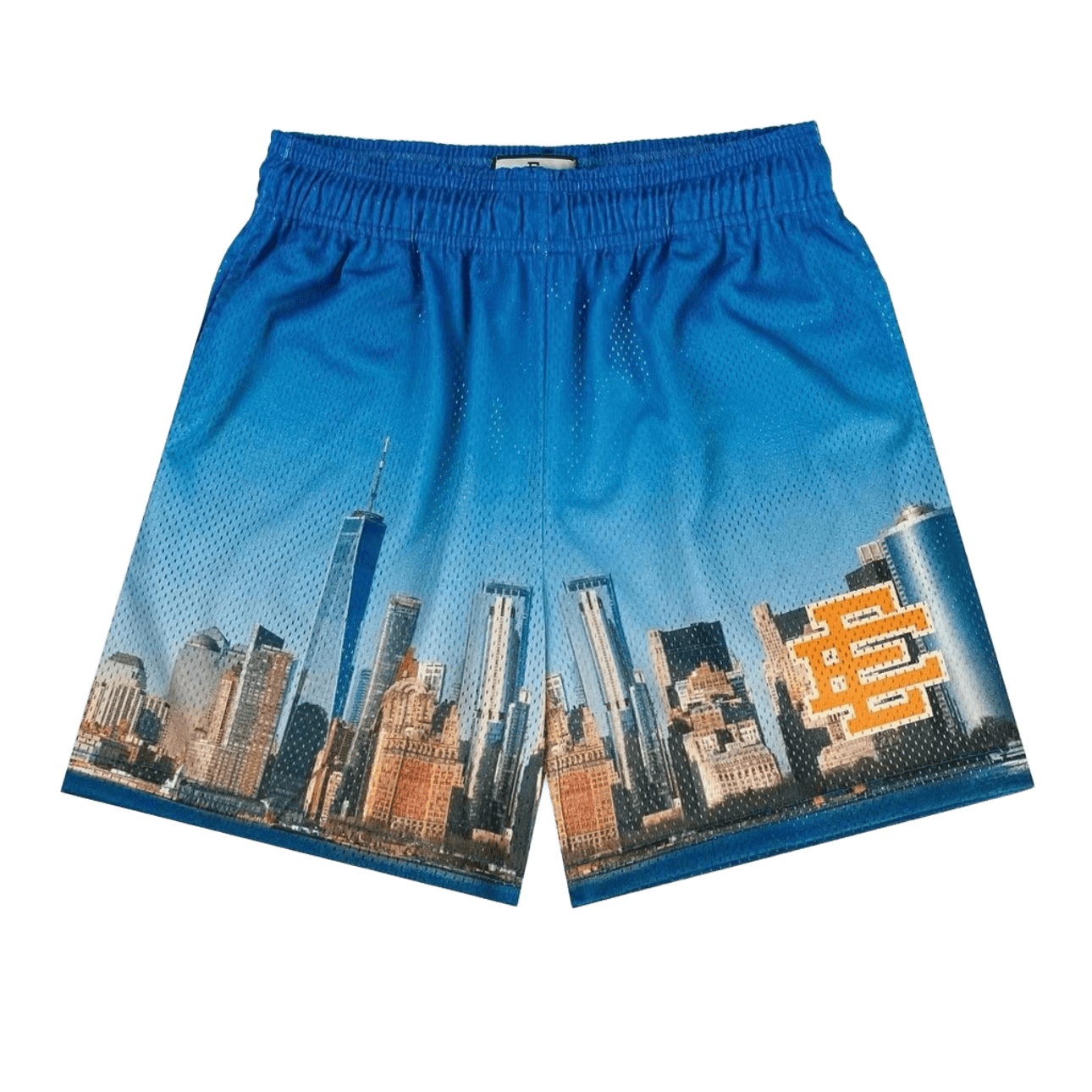 EE Urban Blue Mesh Shorts: Breathable Unisex City Skyline Print