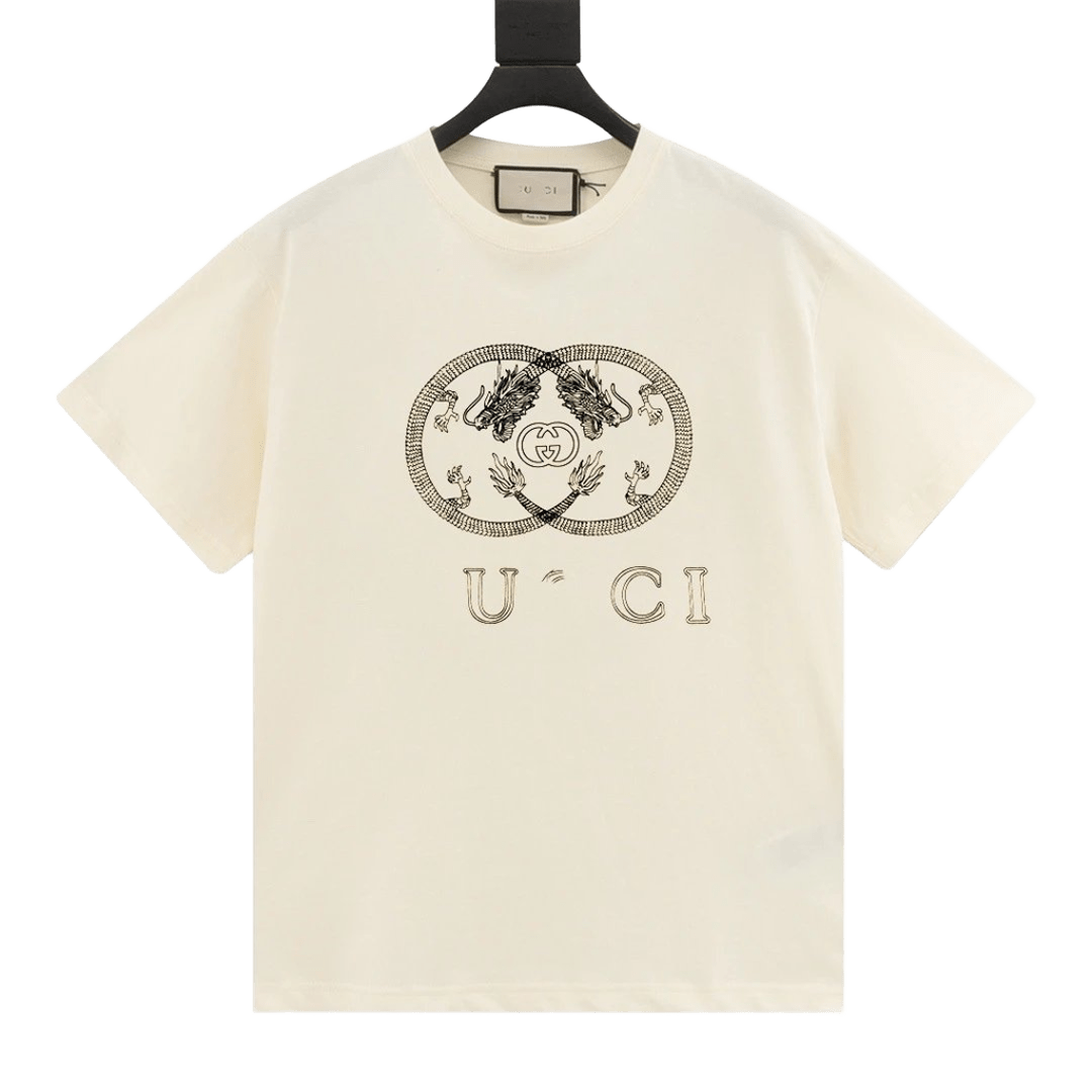 Gucci Beige Cotton Dragon GG T-Shirt: Unisex Streetwear