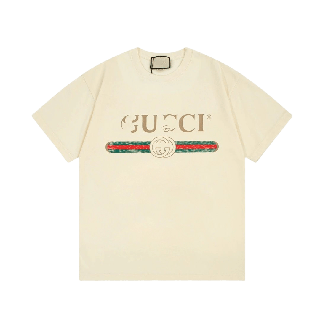 Gucci Beige Cotton T-shirt with GG Logo & Stripes