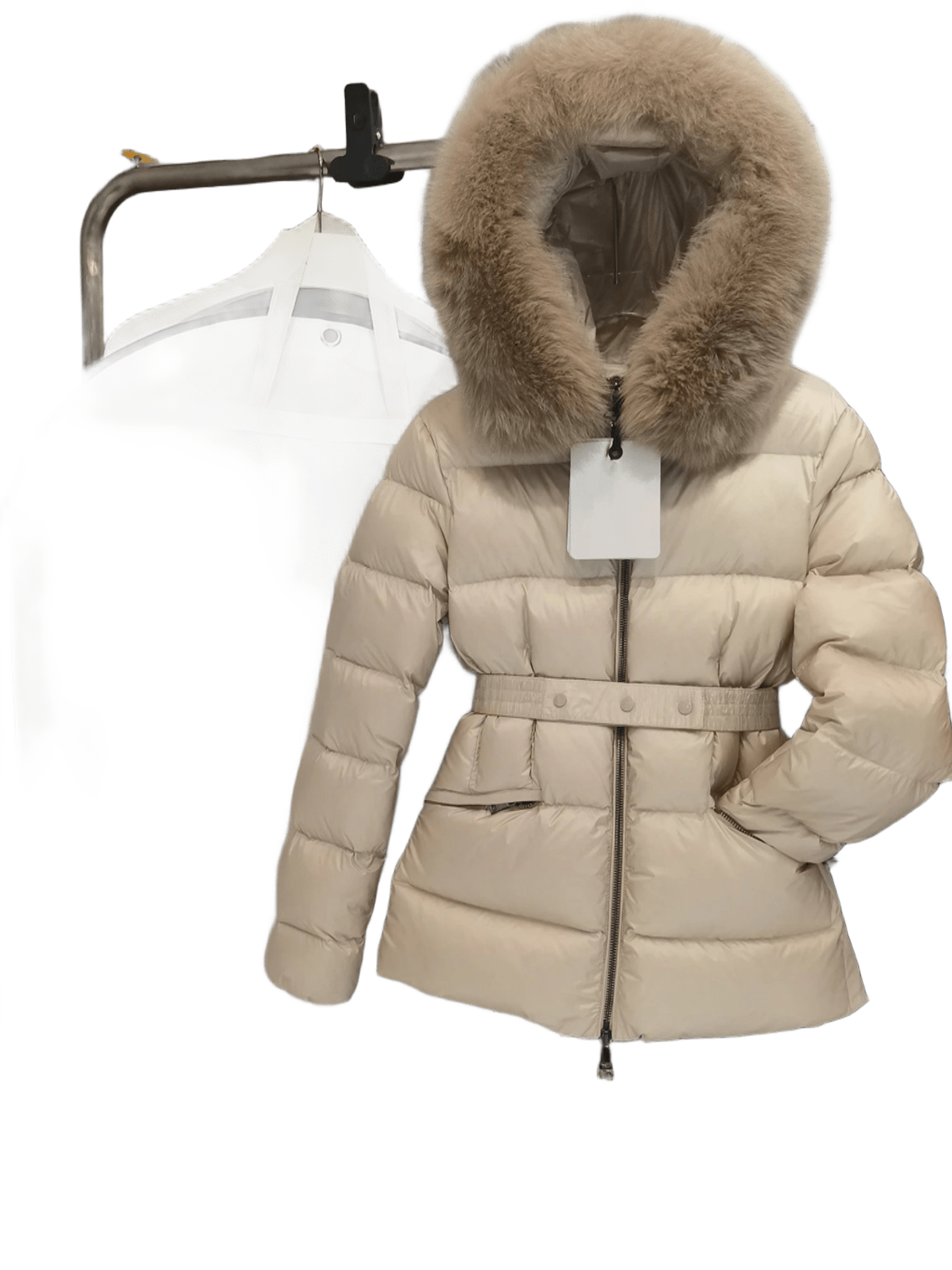 Gucci Beige Fur-Trim Down Jacket | Belted Waist